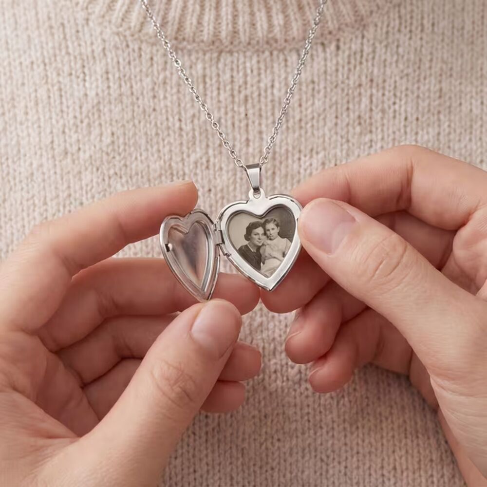 Silver Stainless Steel Heart Locket Photo Pendant Open Frame Charm Adjstbl Chain